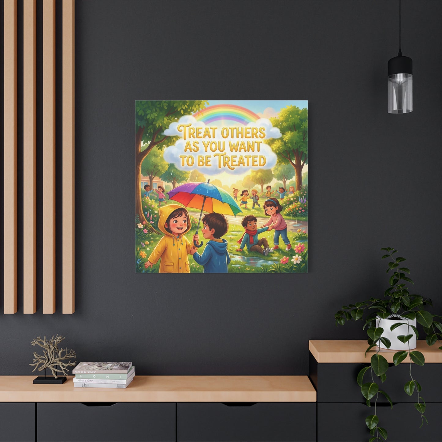 "Treat Others As You Want To Be Treated" Kids Canvas Wall Art - Rainbow Umbrella Kindness Quote Print - Colorful Classroom Decor - Nursery Playroom Bedroom Home Decoration - Bohemian Wall Hanging