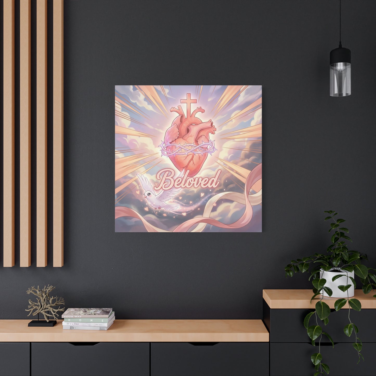 "Beloved" Sacred Heart Canvas Wall Art - Cross, Dove, Crown Of Thorns Christian Decor - Pink Pastel Religious Print - Inspirational Bedroom Home Decoration, Living Room Wall Decor - Ready to Hang