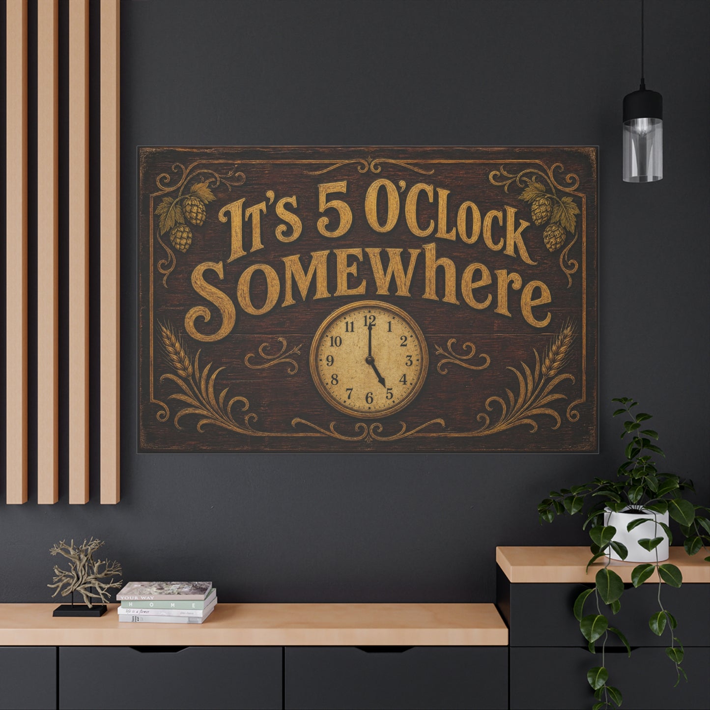 "It's 5 O'Clock Somewhere" Canvas Wall Art - Rustic Bar Sign, Vintage Clock Typography - Farmhouse Pub Decor, Brown Gold - Pub Wall Art - Cocktail Lounge Decor - Speakeasy Style Sign - Ready to Hang