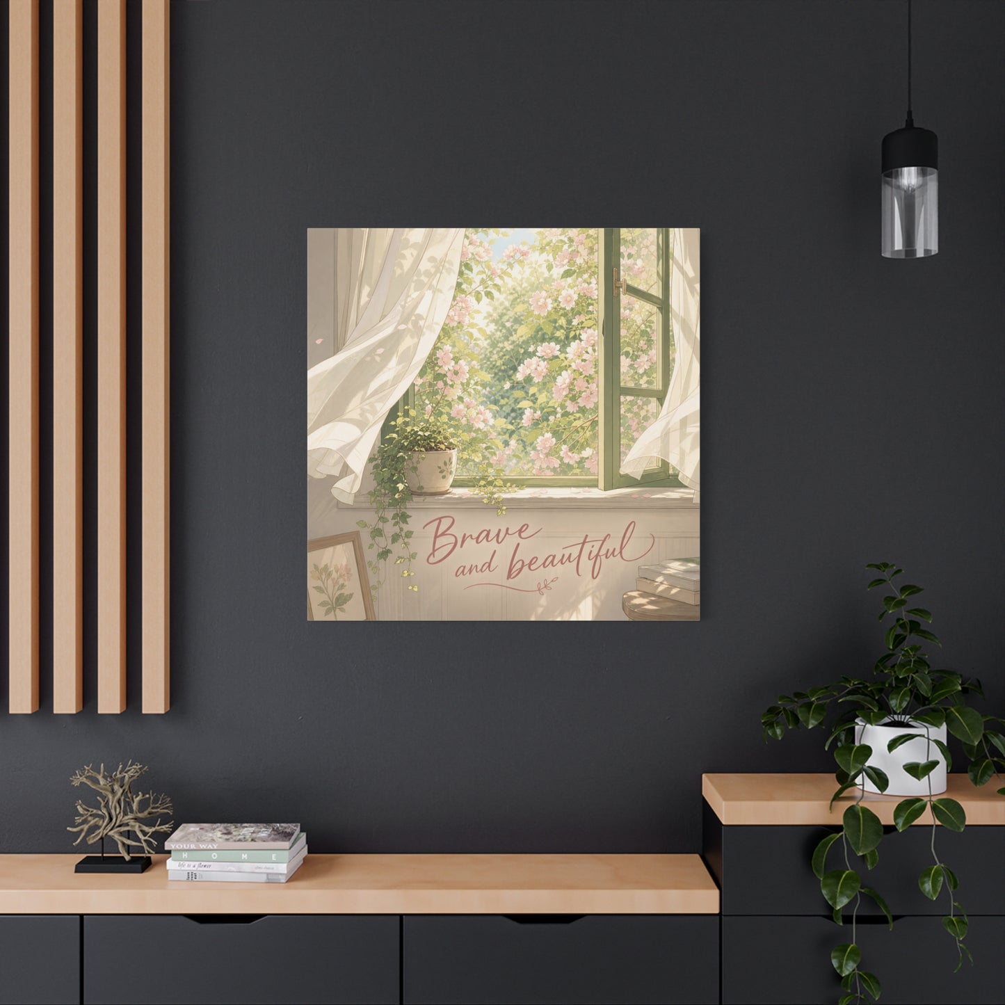 "Brave And Beautiful" Inspirational Canvas Wall Art - Open Window Pink Blossoms, Sheer Curtains, Botanical Quote Print - Soft Vintage Style - Bedroom Wall Decor, Living Room Accent - Ready to Hang