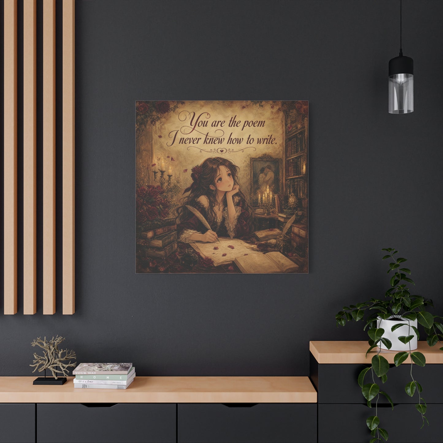 "You Are The Poem I Never Knew How To Write" Quote Canvas Wall Art - Romantic Gothic Library Girl Illustration - Vintage Brown Decor - Bedroom Wall Hanging, Teenager Room Decor - Ready to Hang