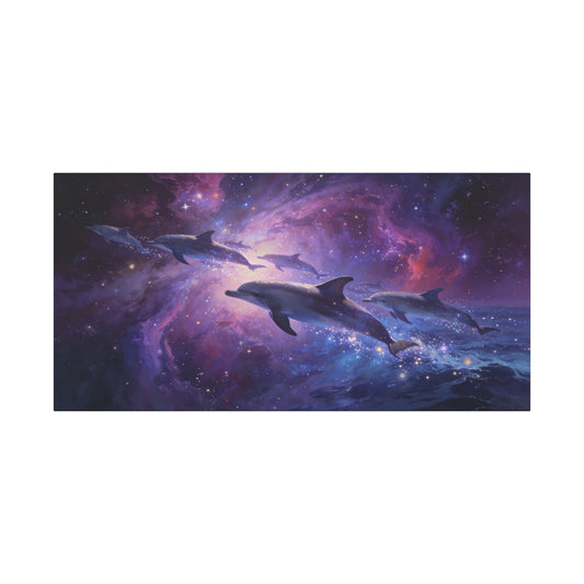 Cosmic Dolphin Canvas Wall Art - Celestial Ocean Galaxy Painting, Zebra Print Wallpaper Inspired Purple Blue Space Scene - Matte Canvas Print - Bedroom Living Room Decor - Living Room Wall Decor