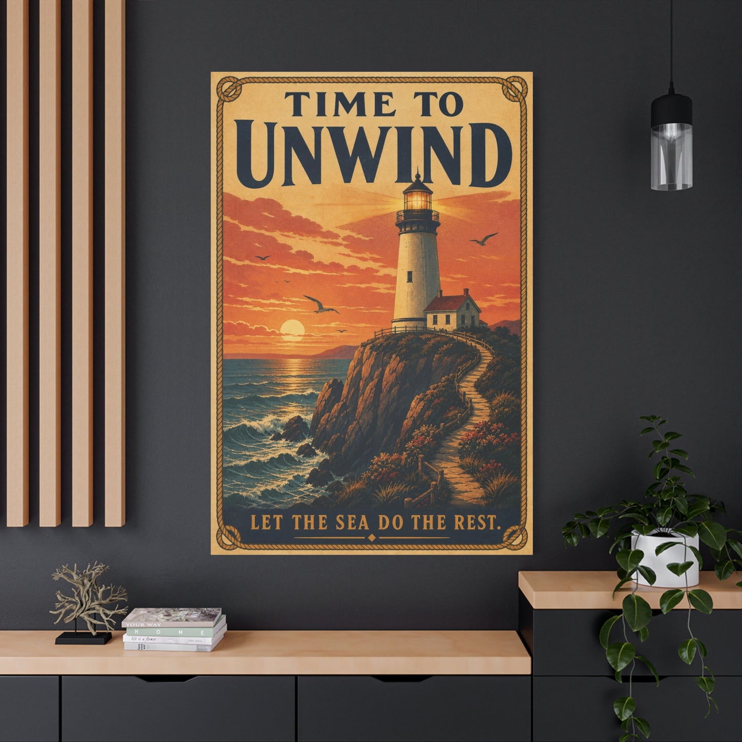 "Time To Unwind Let The Sea Do The Rest" Lighthouse Canvas Wall Art - Vintage Coastal Sunset Seascape Print, Nautical Home Decor, Bedroom Living Room Decoration, Beach House Style - Office Wall Art