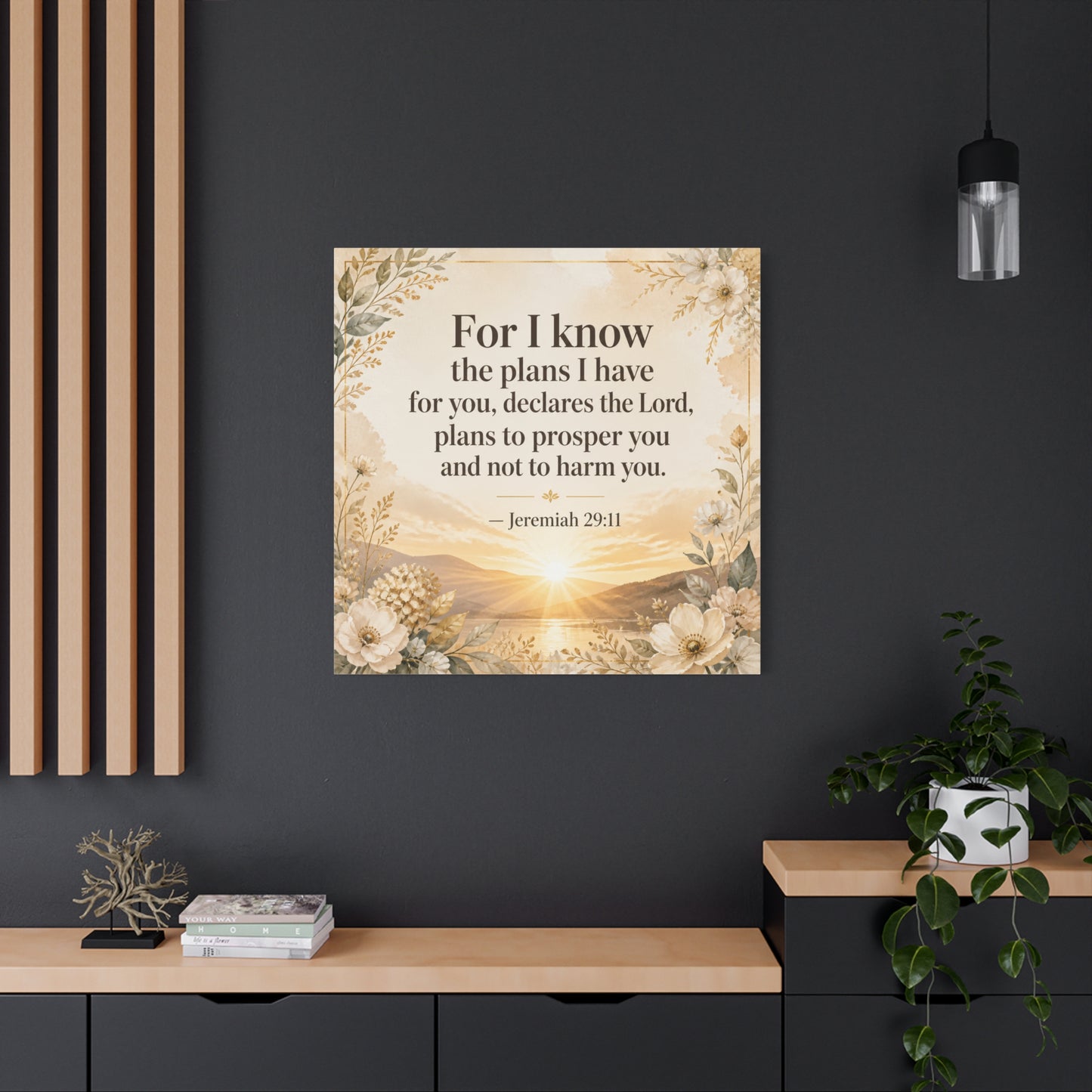 "For I Know The Plans I Have For You" Bible Verse Canvas Wall Art - Jeremiah 29:11 Floral Scripture Print, Gold Sunrise Landscape, Christian Wall Decor For Bedroom, Living Room - Ready to Hang