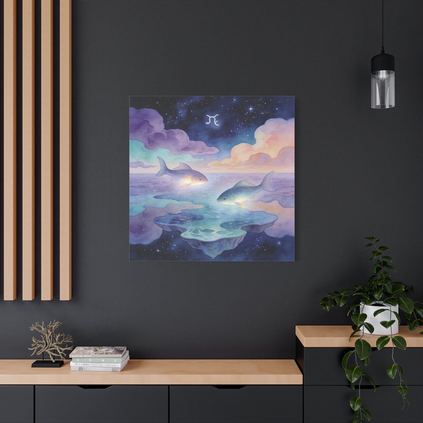 Pisces Zodiac Canvas Wall Art - Celestial Fish Over Dreamlike Sea, Watercolor Illustration - Mystical Night Sky, Matte Canvas Print - Bedroom Wall Decor, Meditation Space Accent - Ready to Hang