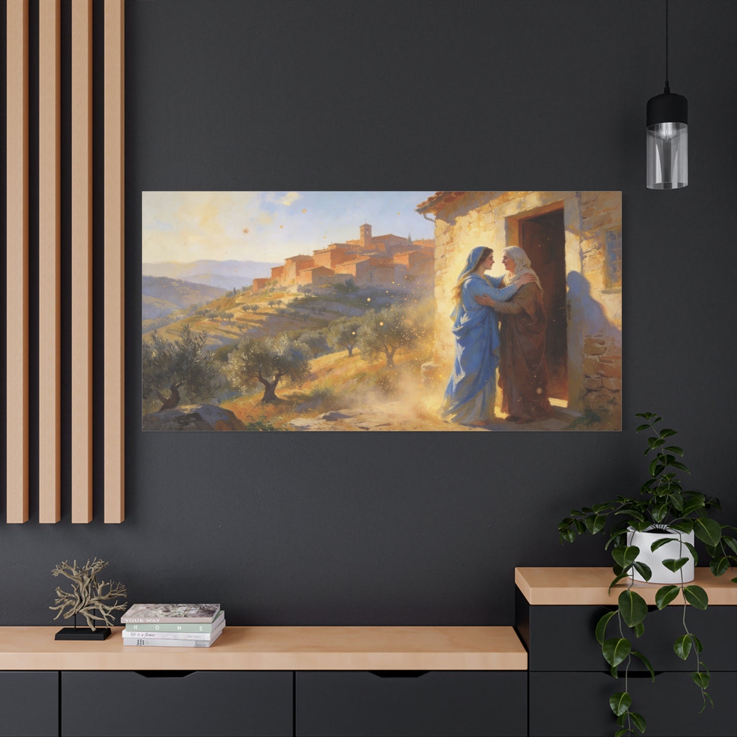 Virgin Mary Visitation Canvas Wall Art - Religious Biblical Village Scene, Golden Light Painting - Christian Home Decor, Traditional Style - Living Room Wall Decor Bedroom Decoration - Ready to Hang