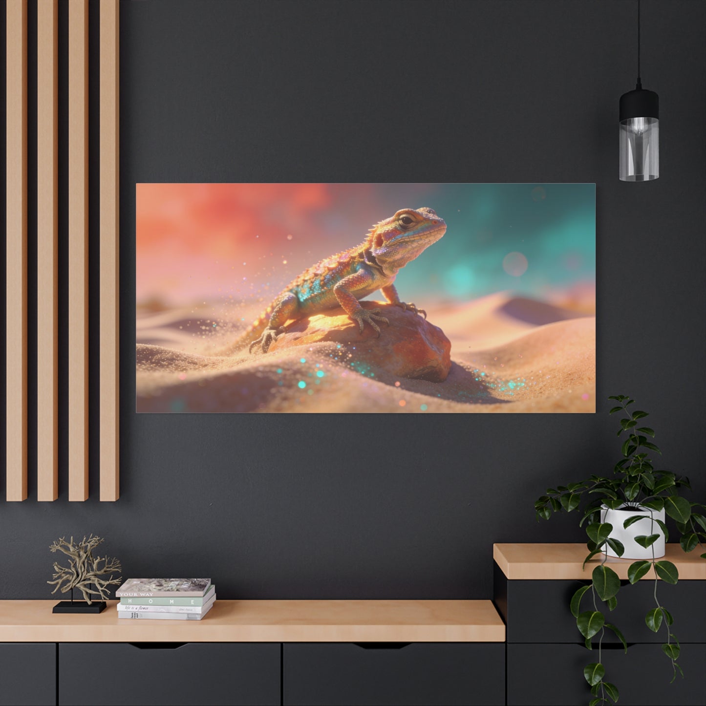 Colorful Desert Lizard Canvas Wall Art - Dreamy Wildlife Illustration, Matte Finish Canvas Print - Contemporary Fantasy Style - Living Room Wall Decor, Bedroom Home Decoration - Modern Farmhouse Style
