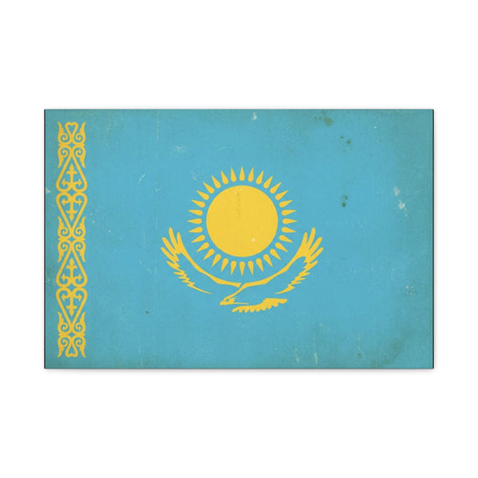 Kazakhstan Flag Canvas Wall Art - Blue And Gold Sun Eagle Emblem, Vintage Nation Print - Matte Cotton Artwork, Patriotic Living Room Wall Decor, Office Art Accent Style - Bedroom Home Decoration