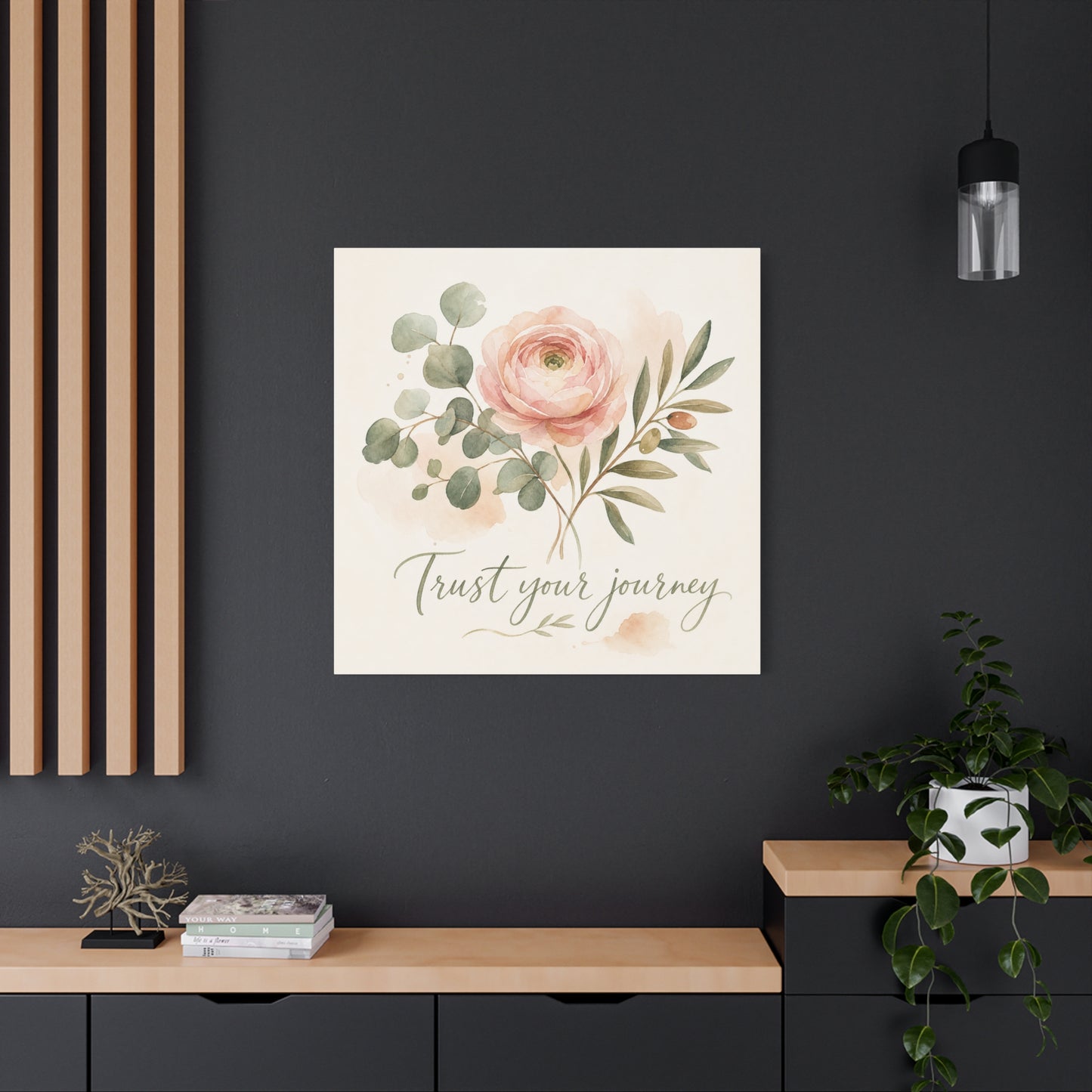 "Trust Your Journey" Floral Canvas Wall Art - Blush Rose, Eucalyptus Botanical Watercolor - Inspirational Home Decor - Bedroom Wall Hanging, Modern Farmhouse Style, Office Accent - Ready to Hang