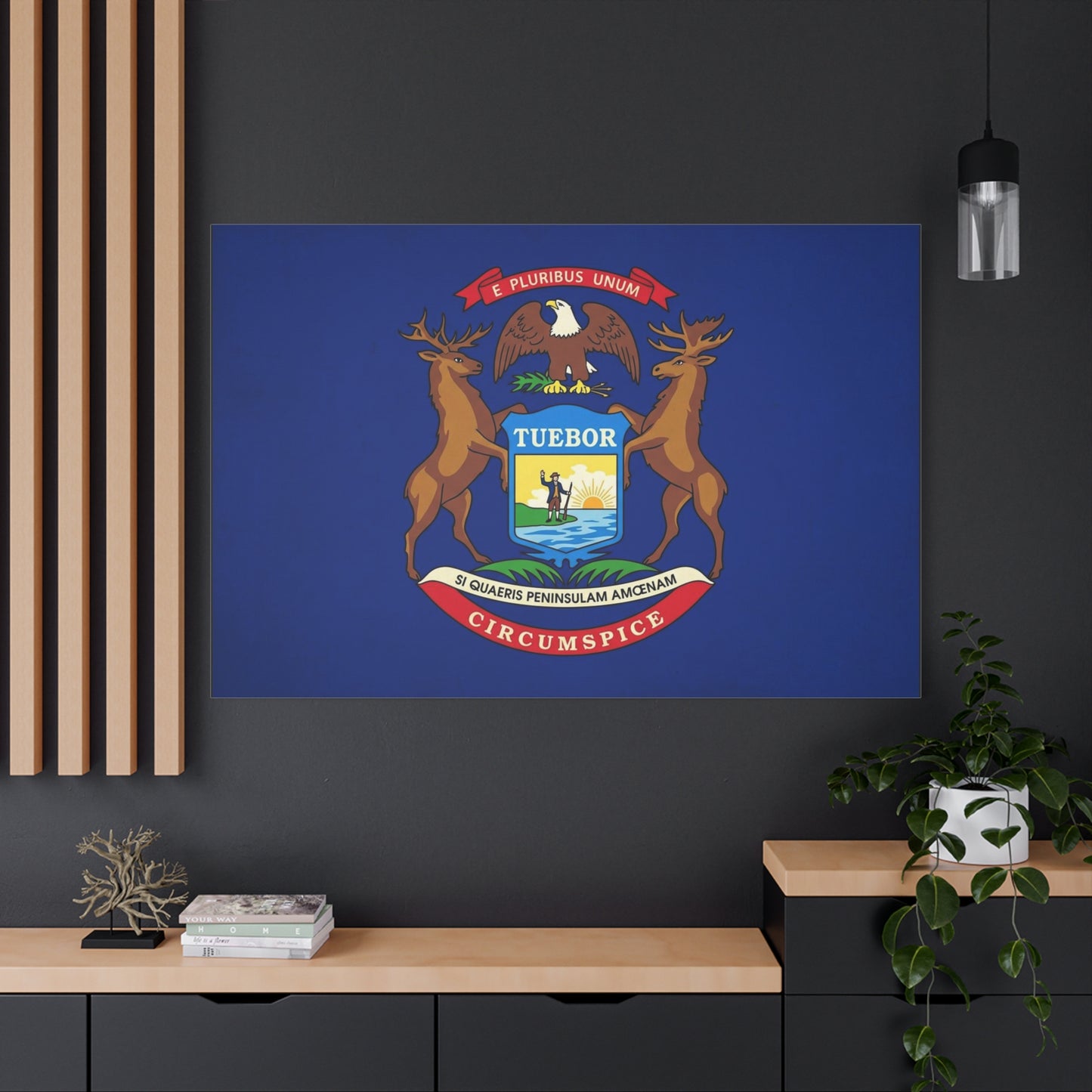"E Pluribus Unum" Michigan State Flag Canvas Wall Art - Blue Crest With Elk Eagle And "Tuebor" - Vintage Heraldic Decor, Living Room Wall Decor, Office Art - Bedroom Home Decoration - Ready to Hang