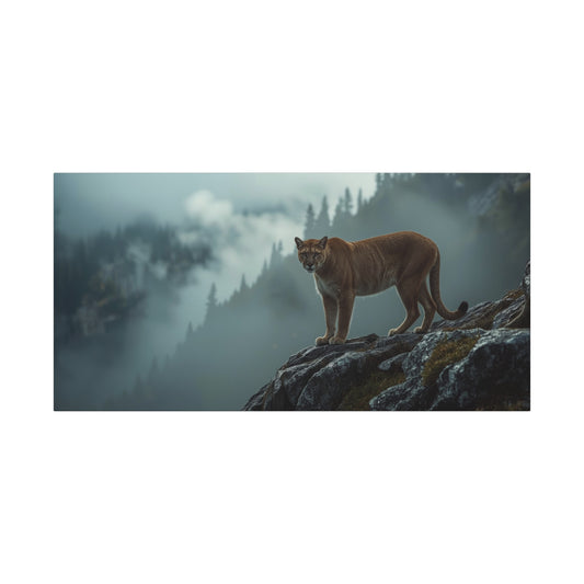 Mountain Lion Canvas Wall Art - Misty Forest Wildlife Landscape, Matte Canvas Print - Moody Contemporary Nature Decor - Living Room Wall Decor, Office Art, Rustic Lodge Accent - Modern Farmhouse Style