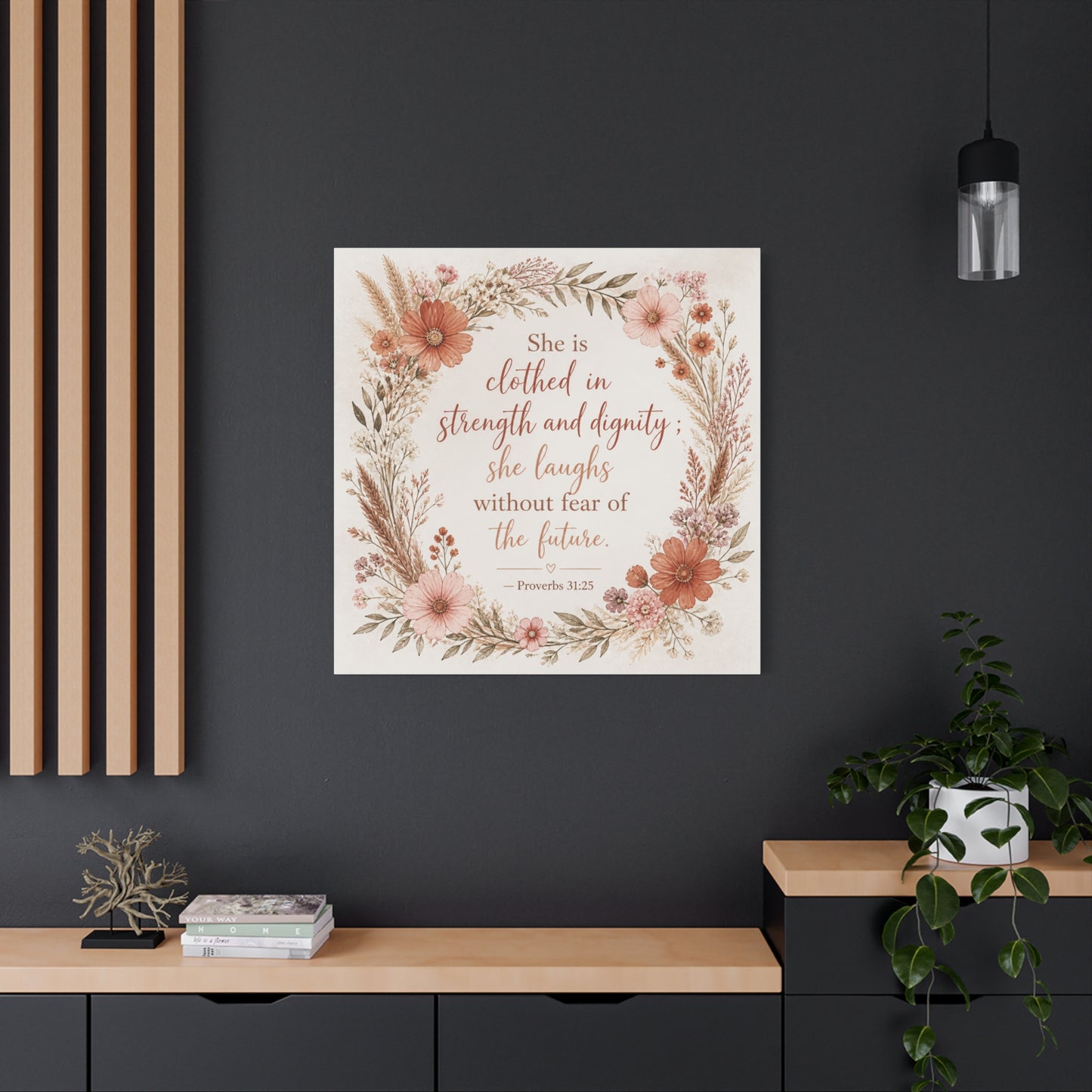 "She Is Clothed In Strength And Dignity" Floral Canvas Wall Art - Proverbs 31:25 Scripture Quote, Blush Wildflower Wreath, Farmhouse Style, Bedroom Wall Decor - Bedroom Home Decoration - Ready to Hang