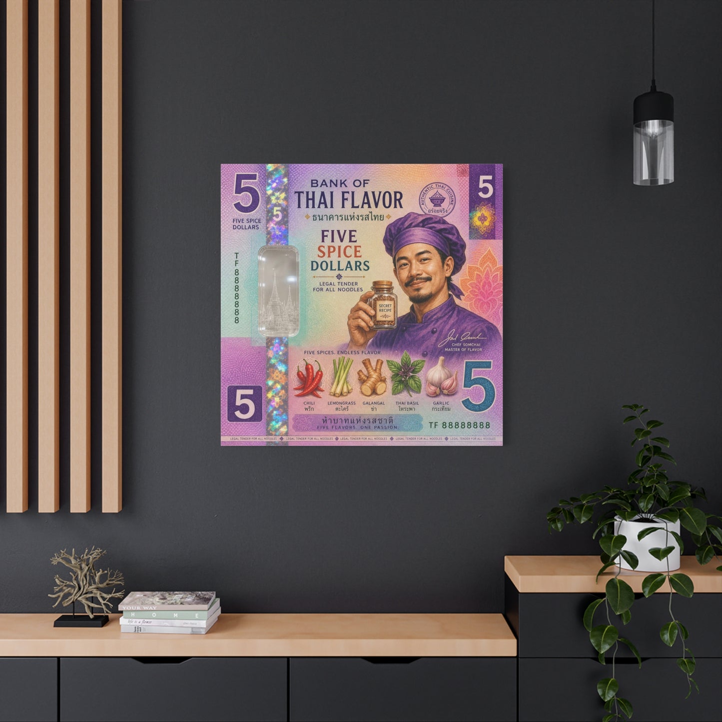 "Bank Of Thai Flavor" Thai Chef Canvas Wall Art - Five Spice Dollars Food Illustration, Colorful Typography Print, Eclectic Kitchen Decor, Cafe Wall Decor, Restaurant Wall Accent - Ready to Hang