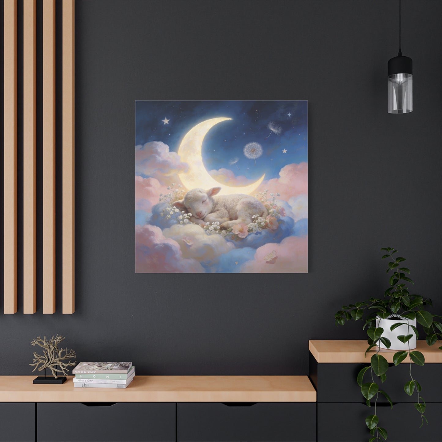 Sleeping Lamb Canvas Wall Art - Crescent Moon, Stars, Pink Clouds Nursery Decor - Dreamy Pastel Canvas Print - Whimsical Storybook Style - Bedroom Home Decoration, Kids Room Accent - Office Wall Art