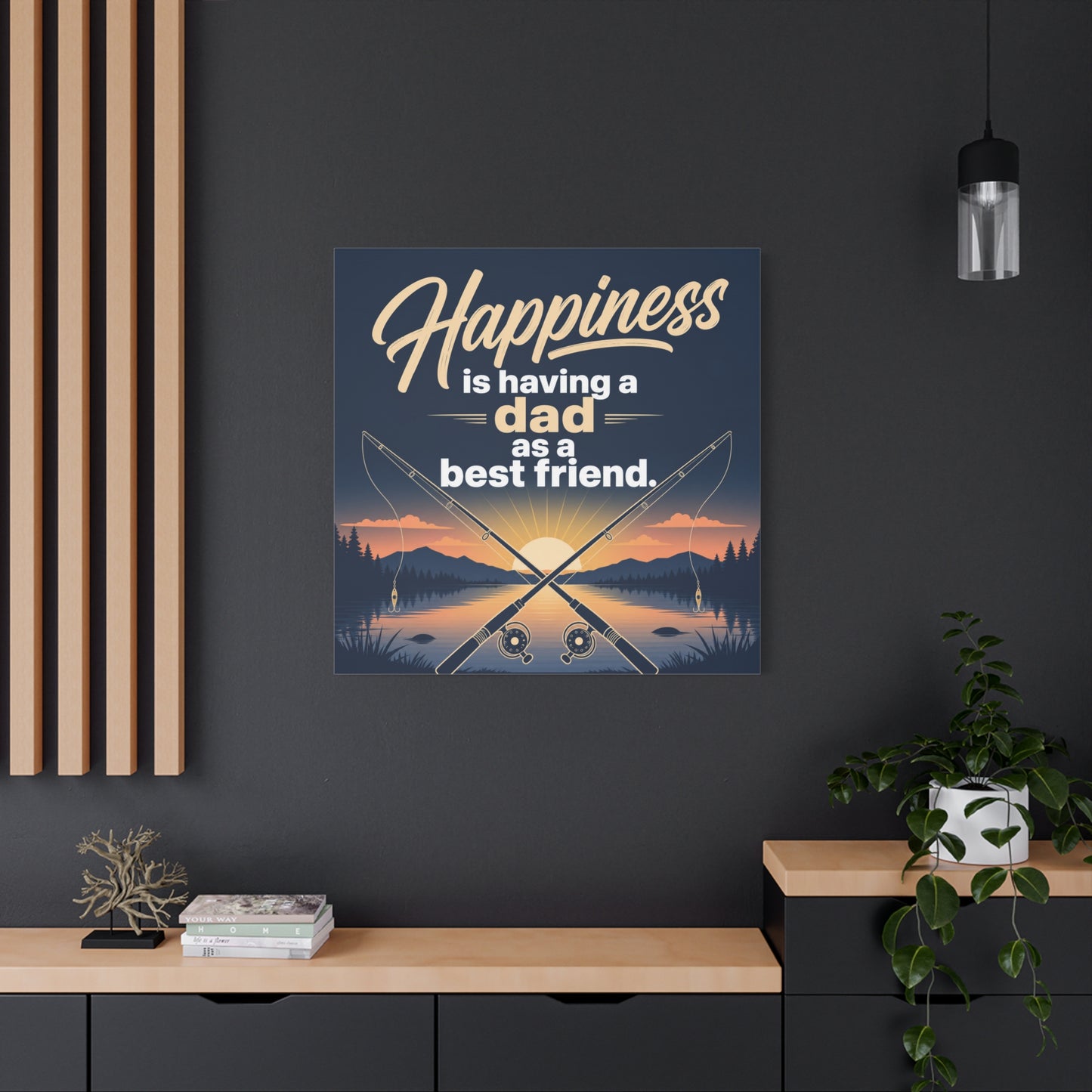 "Happiness Is Having A Dad As A Friend" Fishing Canvas Wall Art - Sunset Lake Quote Print - Rustic Typography Decor - Bedroom Home Decoration - Bedroom Home Decoration - Living Room Wall Decor