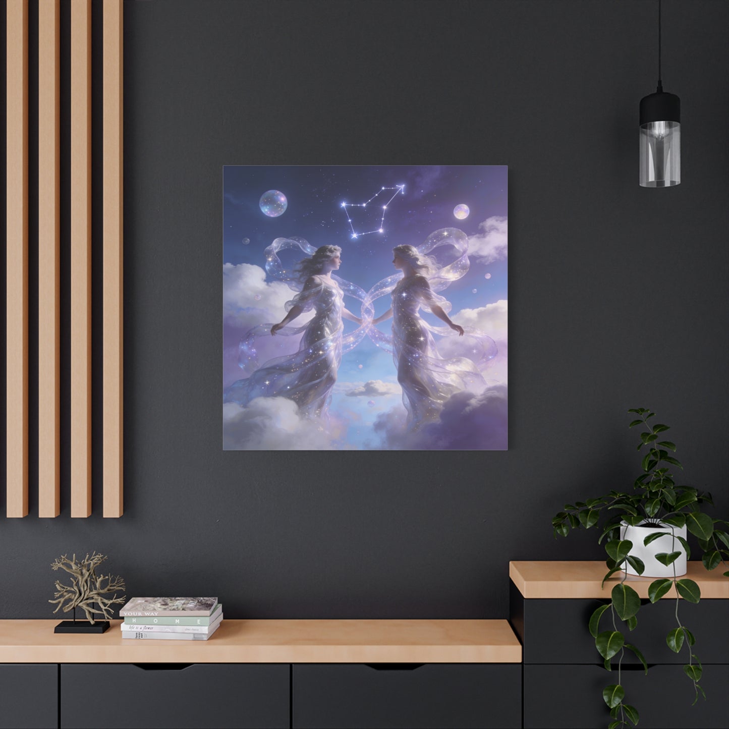 Gemini Zodiac Canvas Wall Art - Celestial Twin Women Under Constellation, Dreamy Fantasy Sky Scene - Matte Cotton Art Print - Bedroom Wall Decor, Meditation Space Accent - Bedroom Home Decoration