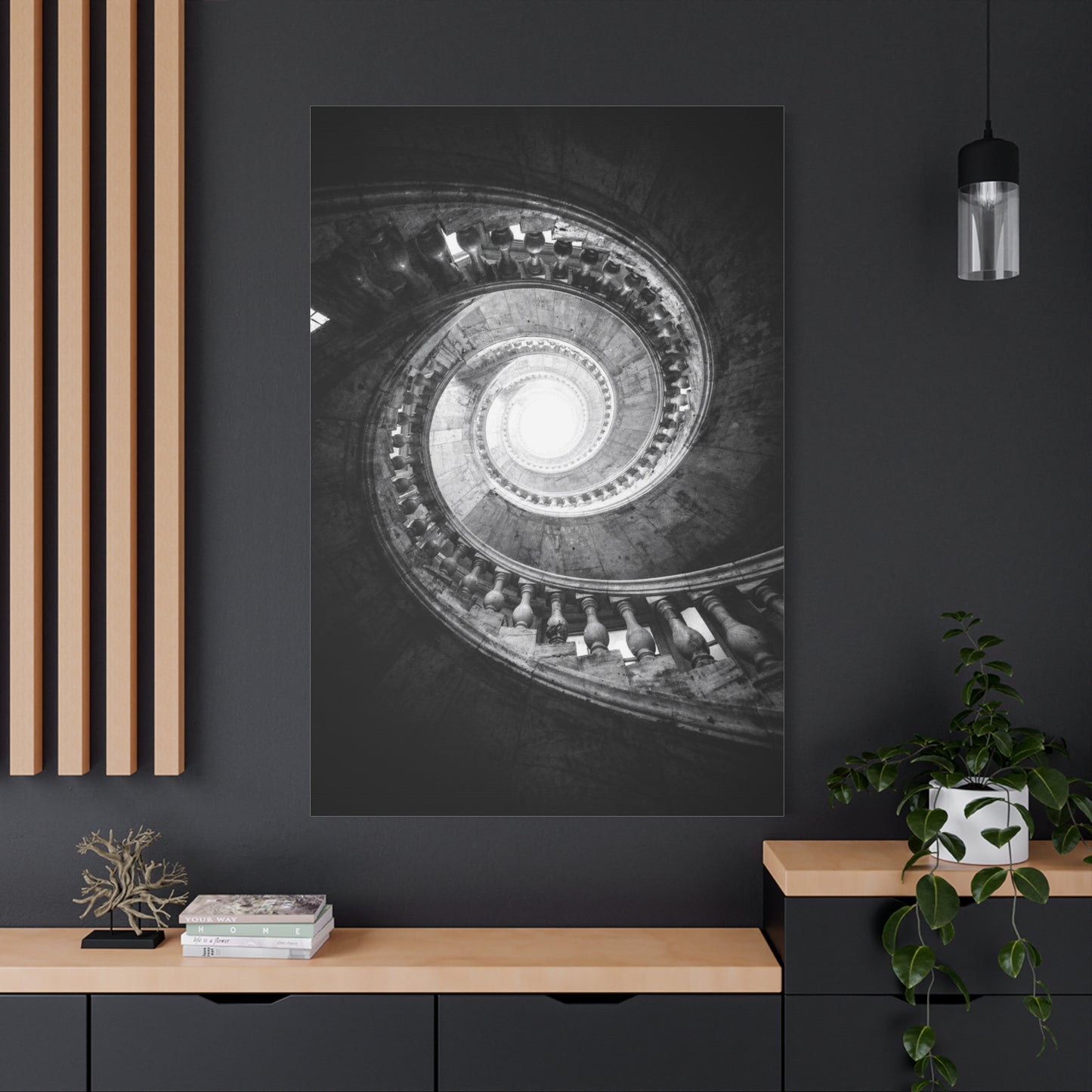 Spiral Staircase Canvas Wall Art - Black And White Architectural Art Print - Dramatic Stone Rotunda, Contemporary Interior Decor - Living Room Wall Decor, Office Art - Bedroom Home Decoration