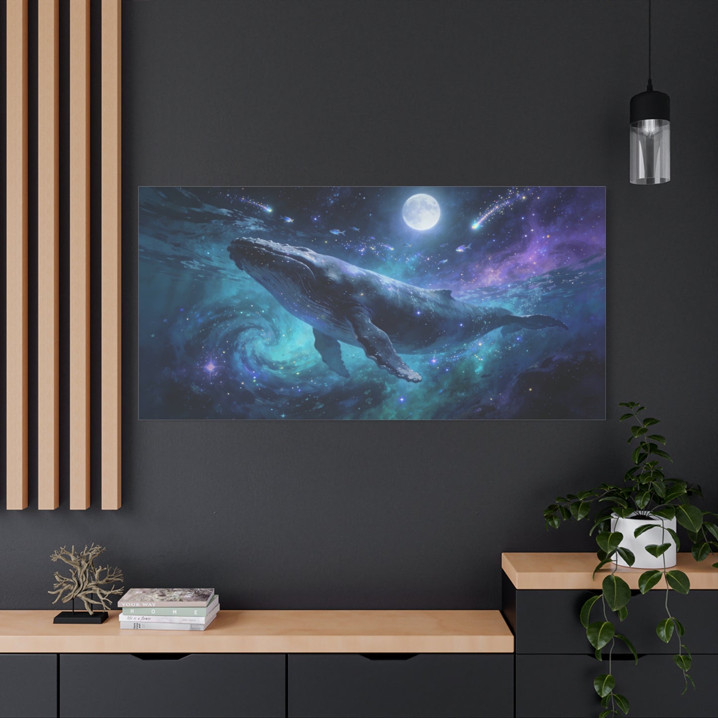 Humpback Whale Canvas Wall Art - Celestial Ocean Galaxy Painting, Moonlit Space Seascape Print - Matte Cotton Canvas - Contemporary Fantasy Style - Living Room Wall Decor - Bedroom Home Decoration