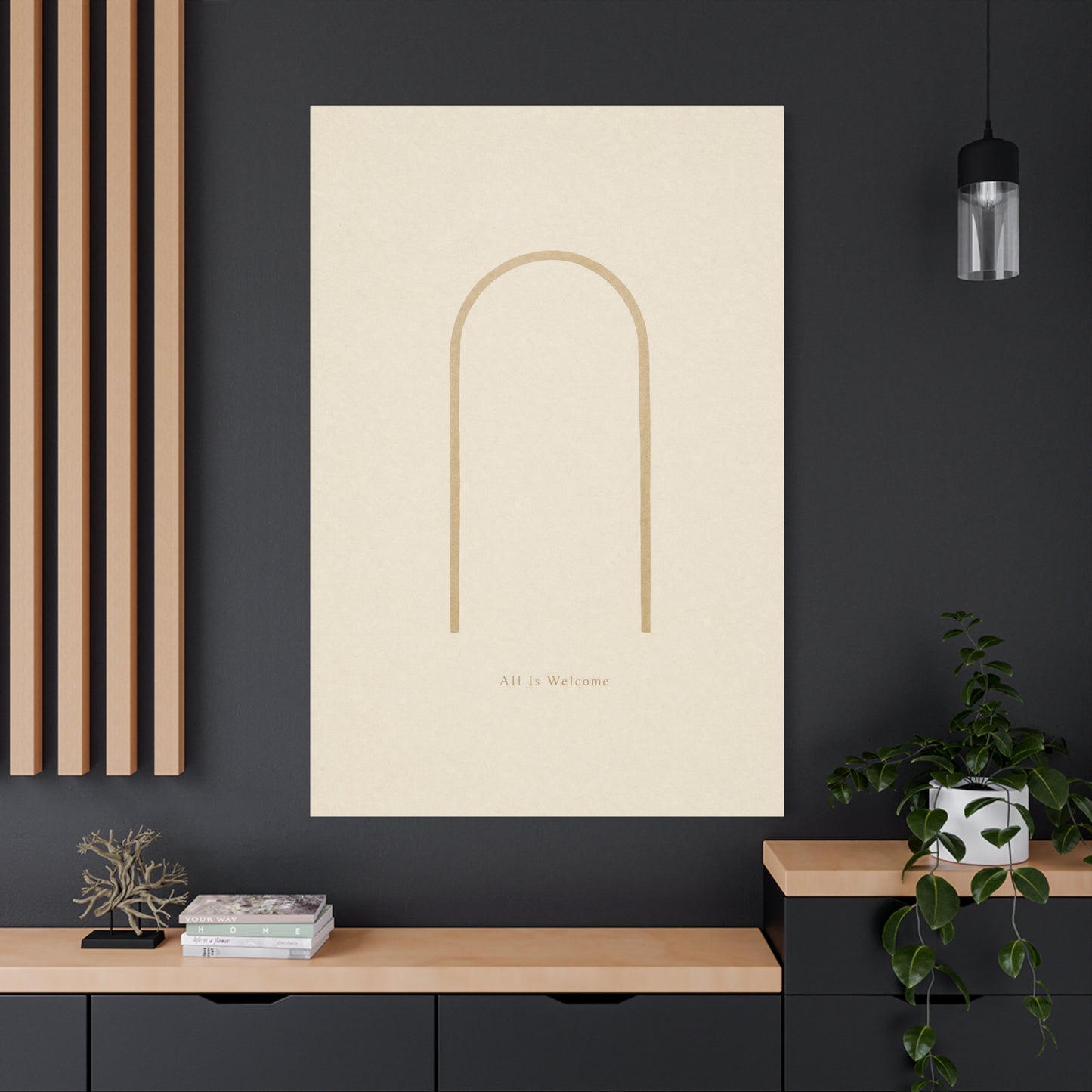 "All Is Welcome" Minimalist Arch Canvas Wall Art - Neutral Beige Line Print, Contemporary Typography Decor - Calming Bedroom Home Decoration, Living Room Wall Decor - Ready to Hang - Ready to Hang