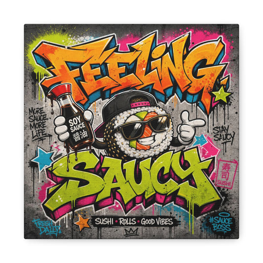 "Feeling Sauce" Graffiti Canvas Wall Art - Sushi Roll Street Illustration, Urban Pop Typography, Matte Cotton Print, Contemporary Decor for Kitchen Nook, Dining Space, Cafe Interior Accent