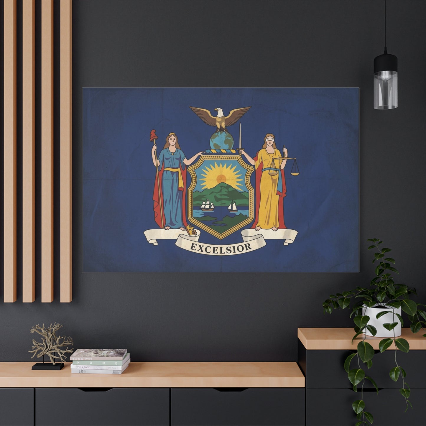 "Excelsior" New York State Flag Canvas Wall Art - Empire State Banner Print, Vintage Blue Heraldic Decor - Patriotic Illustration Style - Living Room Wall Decor, Office Art - Bedroom Home Decoration