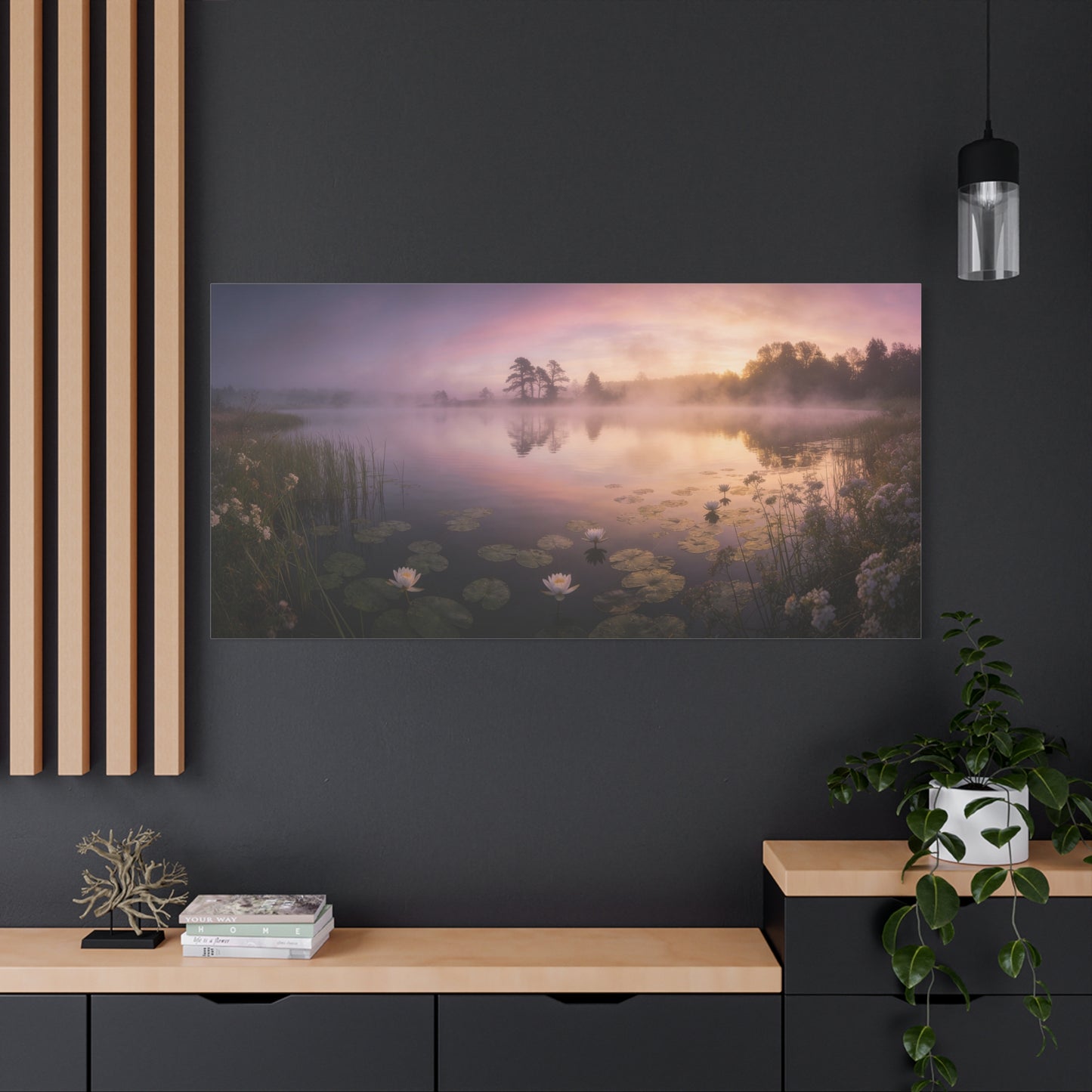 Misty Lake Sunrise Canvas Wall Art - Water Lily Pond Landscape Art Print, Soft Pink And Gold Sky - Serene Nature Decor - Matte Finish Canvas Print - Living Room Wall Decor Bedroom Home Decoration