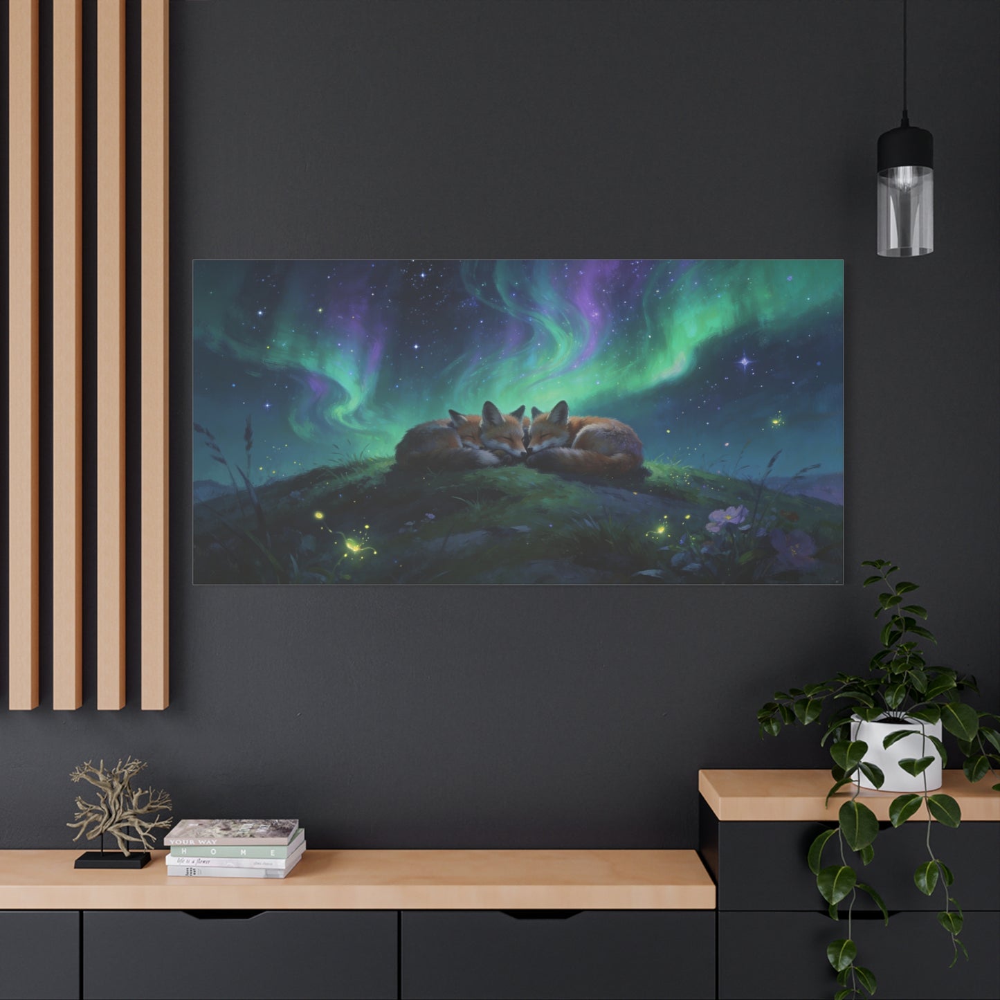 Sleeping Red Foxes Canvas Wall Art - Aurora Borealis Night Sky Animal Print - Dreamy Matte Canvas Print, Whimsical Wildlife Style - Bedroom Home Decoration, Nursery Wall Hanging - Ready to Hang