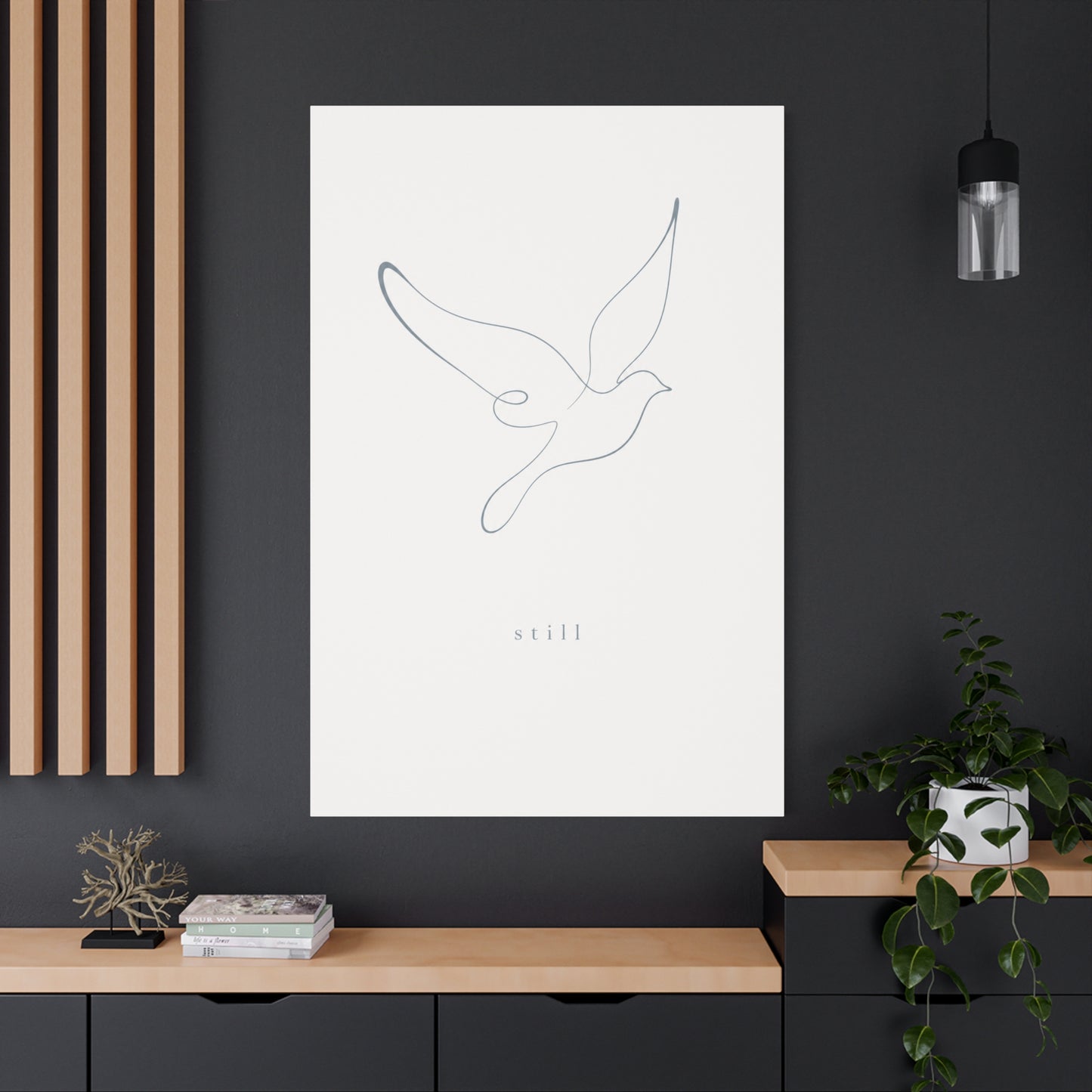 "Still" Dove Canvas Wall Art - Minimalist Line Drawing Bird Print, Calm Neutral Typography Decor - Modern Bedroom Home Decoration, Meditation Space Accent, Living Room Wall Decor - Ready to Hang