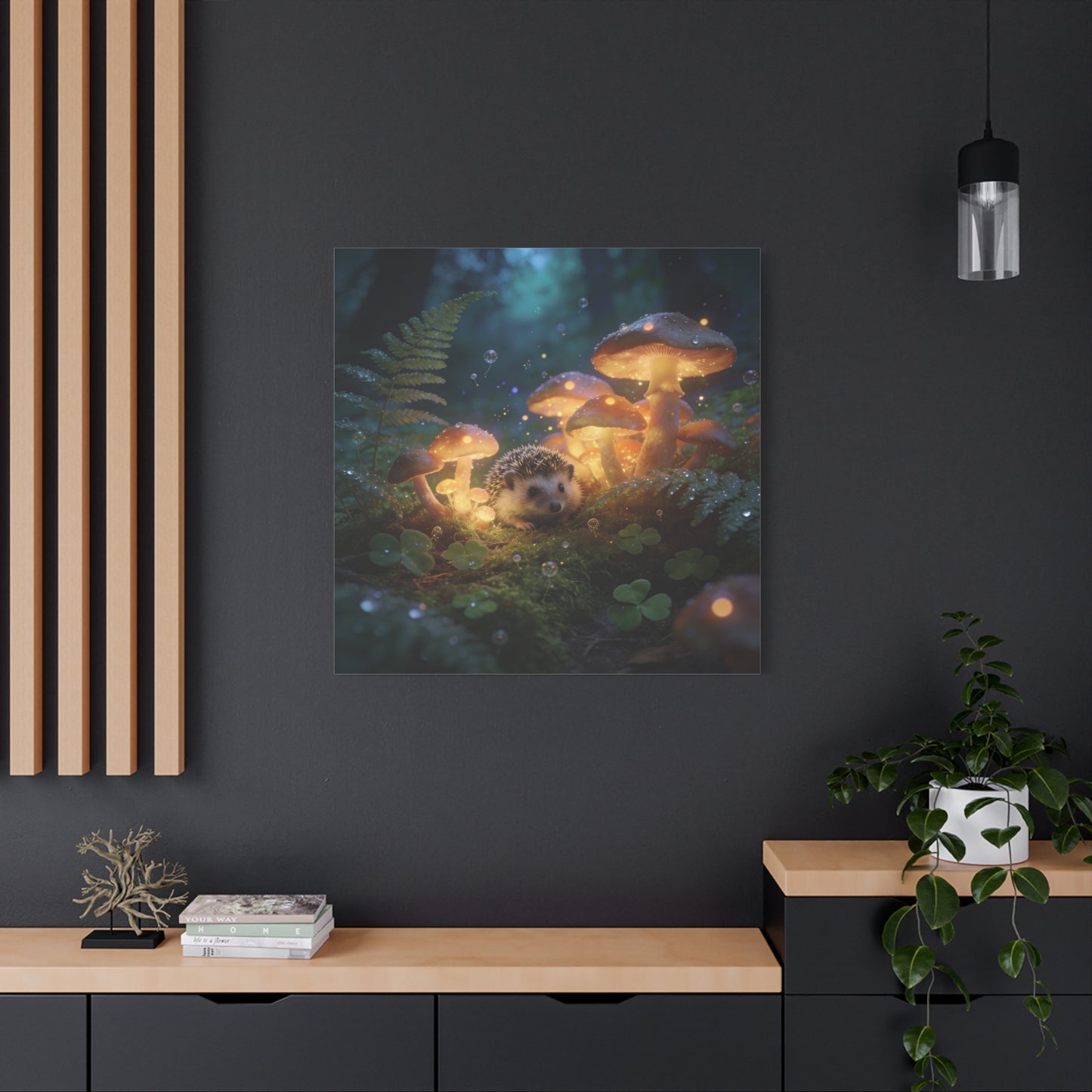 Hedgehog Mushroom Canvas Wall Art - Glowing Forest Fantasy Animal Print - Matte Cotton Art Print, Whimsical Woodland Style - Bedroom Wall Decor, Nursery Home Decoration Accent - Modern Farmhouse Style