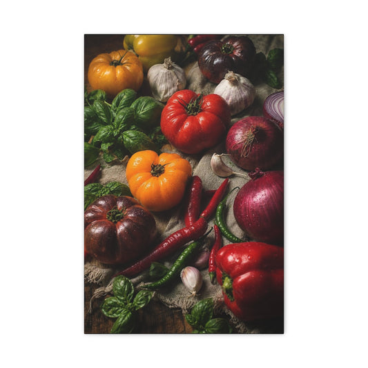 Heirloom Tomato Still Life Canvas Wall Art - Rustic Kitchen Produce Art Print - Matte Cotton Canvas - Traditional Food Wall Decor, Dining Room Accent, Farmhouse Interior Style - Ready to Hang
