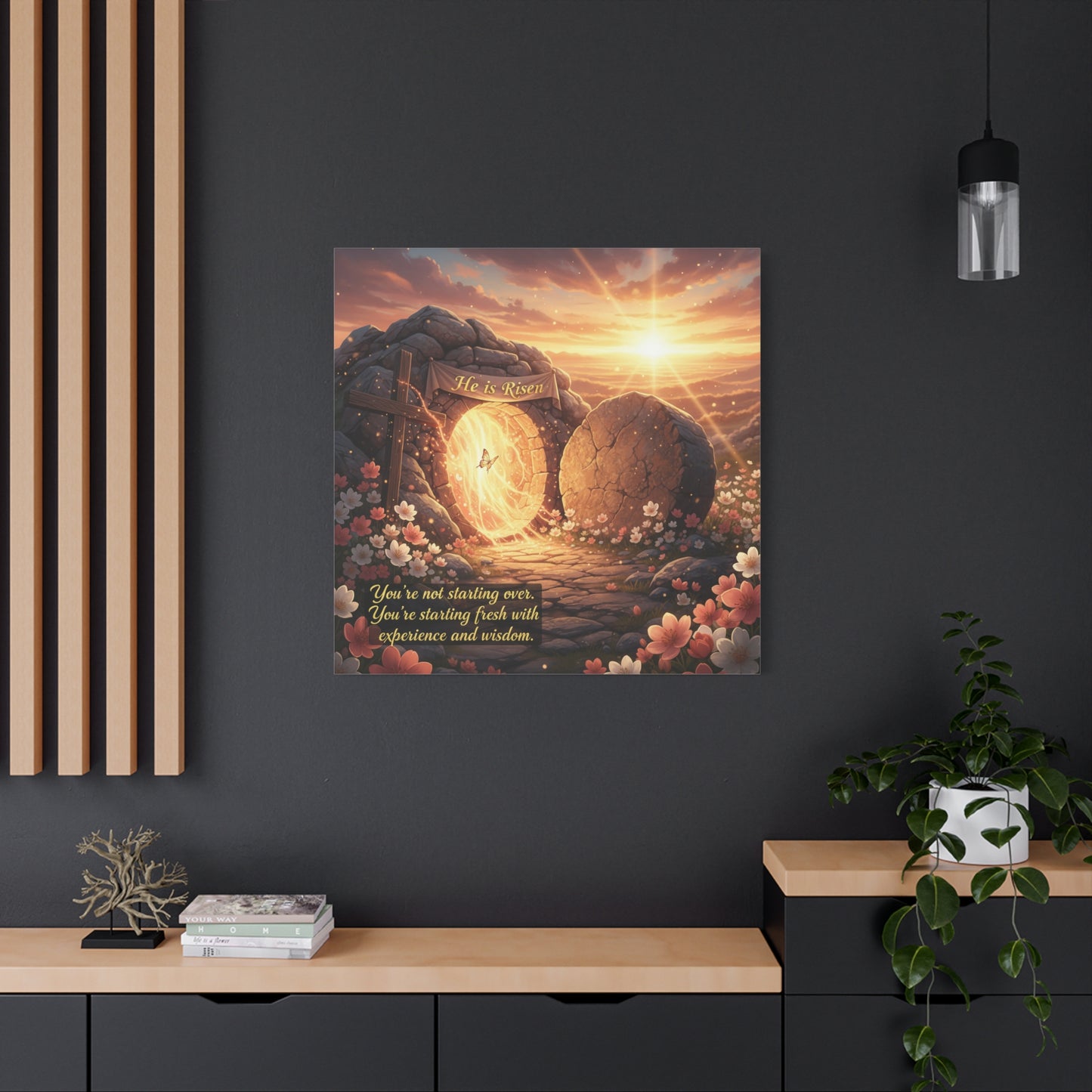 "He Is Risen" Christian Canvas Wall Art - Empty Tomb Cross Sunrise Scripture Print - Floral Faith Home Decoration - Modern Farmhouse Style