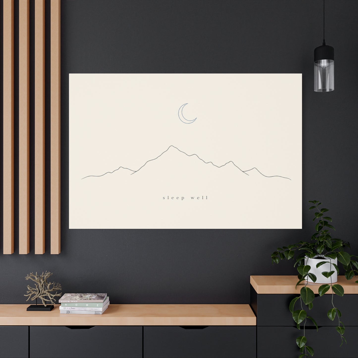 "Sleep Well" Minimalist Mountain Canvas Wall Art - Crescent Moon Line Drawing, Neutral Beige Canvas Print - Modern Bedroom Wall Decor, Nursery Home Decoration, Meditation Space - Ready to Hang
