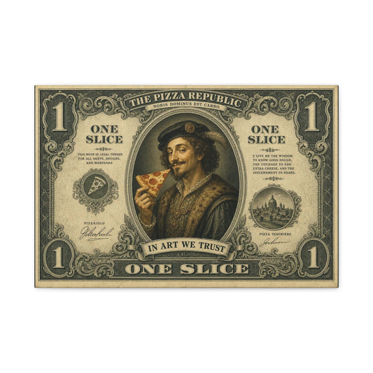 "The Pizza Republic" One Slice Vintage Canvas Wall Art - Renaissance Pizza Portrait, Typography Money Note Design - Matte Cotton Print - Kitchen Decor, Cafe Wall Decor - Bedroom Home Decoration