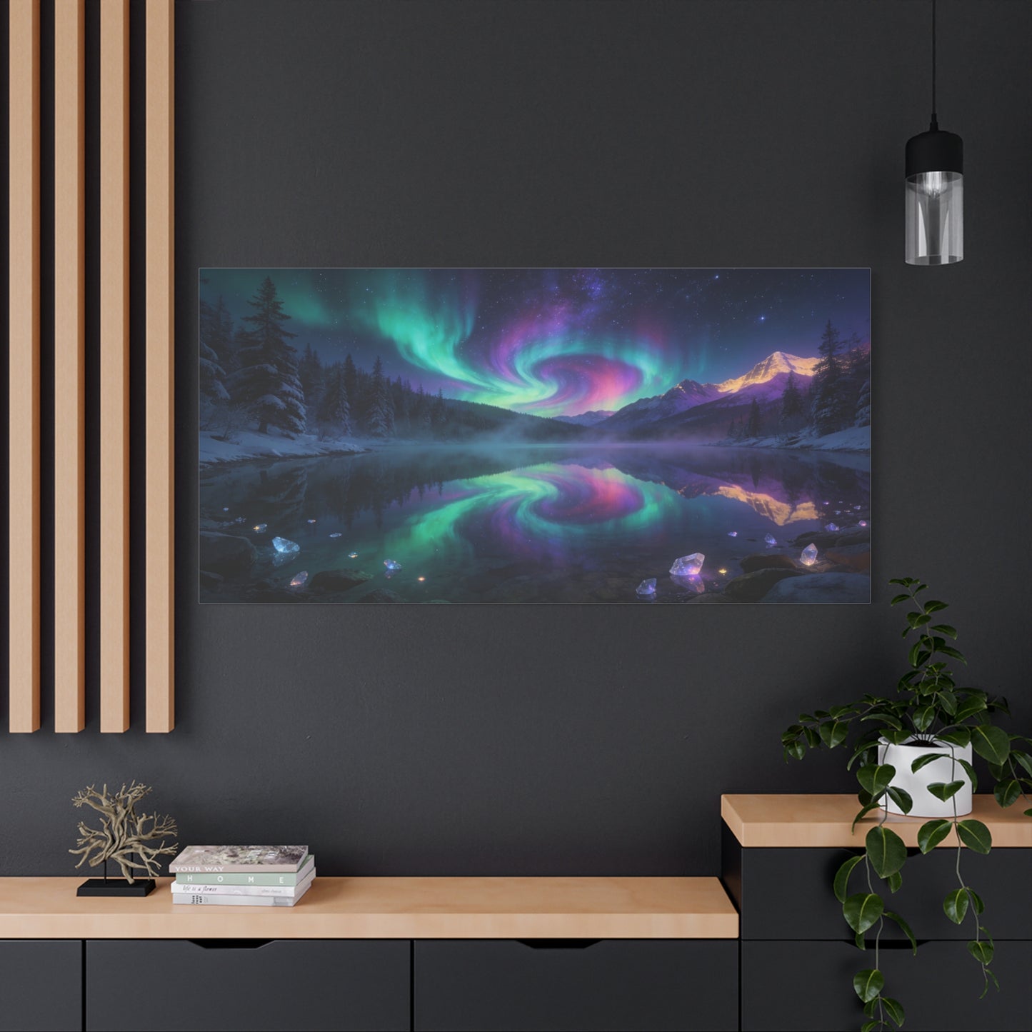 Aurora Borealis Mountain Lake Canvas Wall Art - Northern Lights Night Sky, Snowy Pine Forest Reflection - Dreamy Matte Canvas Print - Bedroom Wall Decor, Living Room Accent - Bedroom Home Decoration