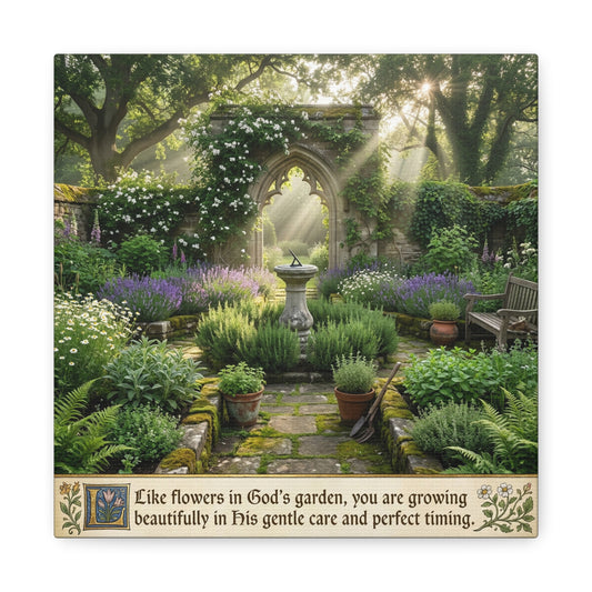"Like Flowers In God's Garden, You Are Growing Beautifully In His Gentle Care And Divine Timing" Canvas Wall Art - Sunlit Garden Arch, Botanical Landscape Print - Living Room Decor - Office Wall Art