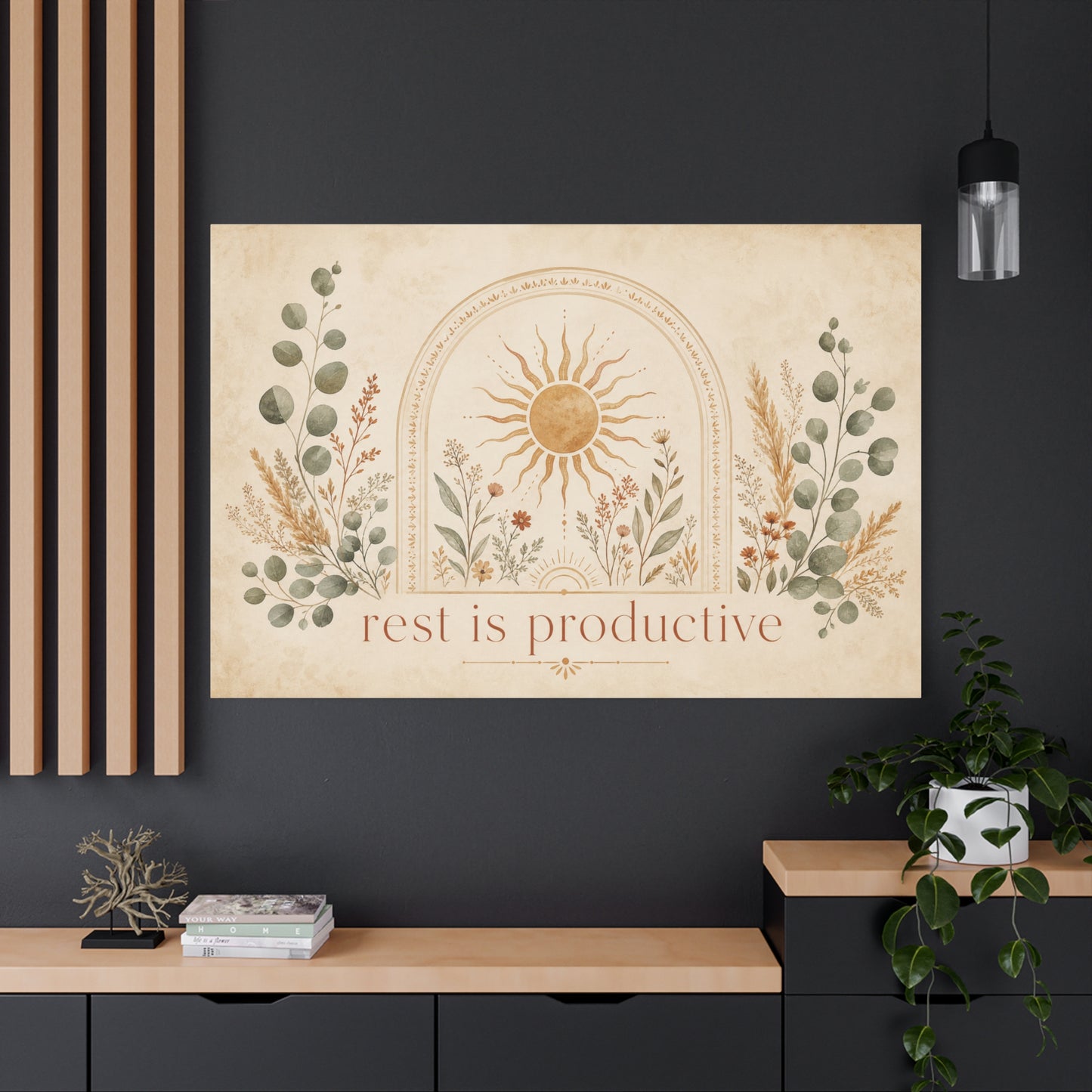 "Rest Is Productive" Inspirational Canvas Wall Art - Boho Sun And Botanical Arch Print - Neutral Typography Decor - Bedroom Living Room Decoration - Office Wall Art - Bedroom Home Decoration