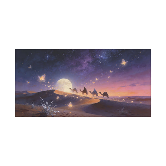 Moonlit Desert Camel Caravan Canvas Wall Art - Starry Night Butterflies, Dreamy Landscape Print - Ethereal Contemporary Style - Living Room Wall Decor, Bedroom Home Decoration - Modern Farmhouse Style