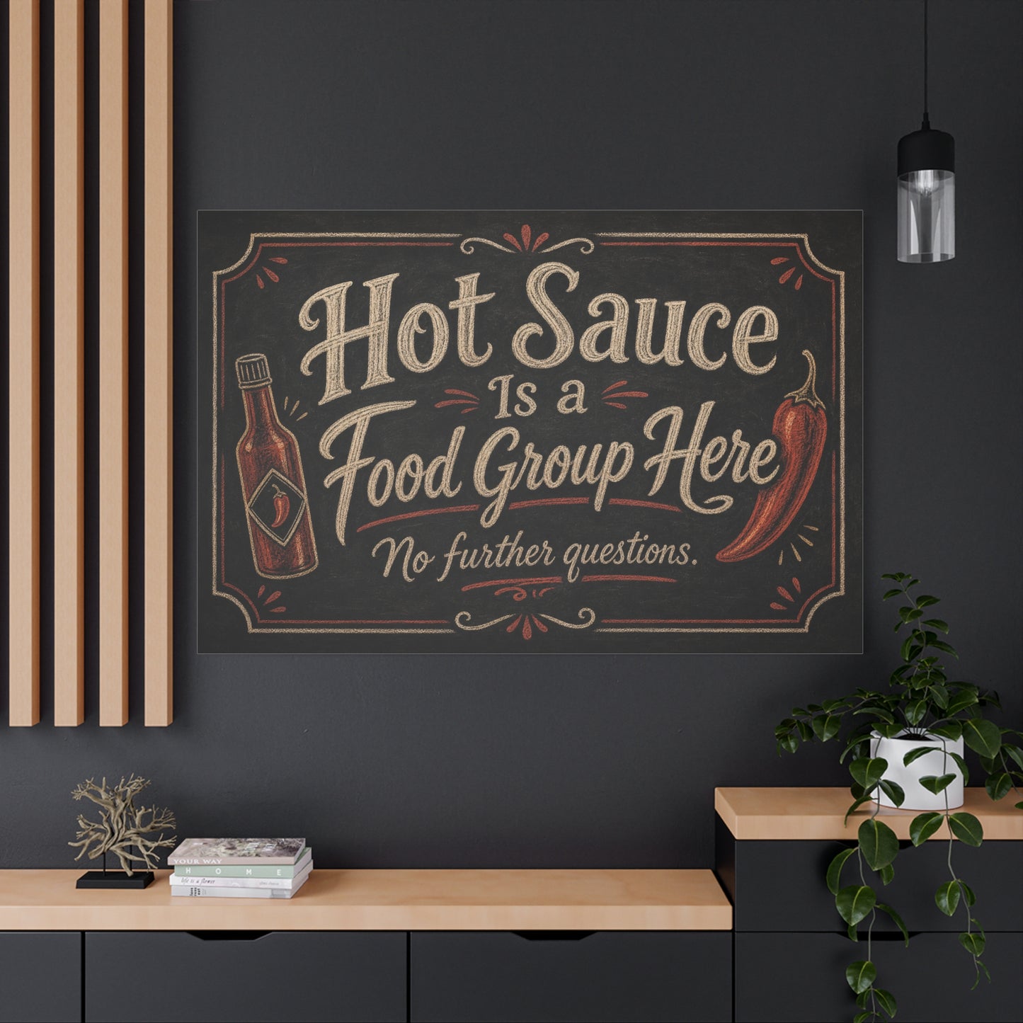 "Hot Sauce Is a Food Group Here No further questions." Canvas Wall Art - Chalkboard Kitchen Quote - Vintage Rustic Typography - Dining Room Wall Decor - Modern Farmhouse Style - Modern Farmhouse Style