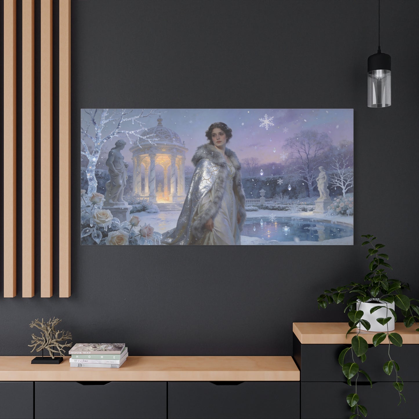 Winter Garden Woman Canvas Wall Art - Snowy Pavilion, Frosted Roses, Classical Statues - Ethereal Traditional Painting - Bedroom Wall Decor, Living Room Home Accent - Bedroom Home Decoration