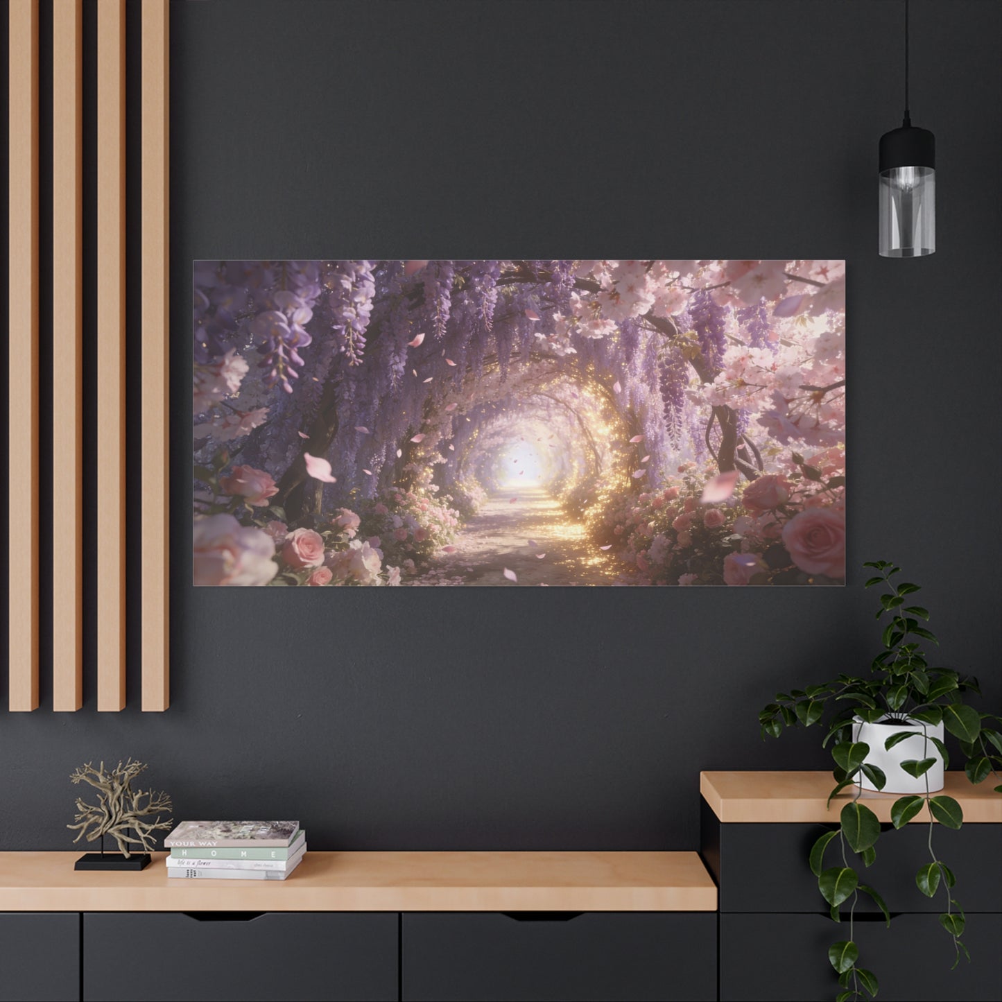 Wisteria Blossom Tunnel Canvas Wall Art - Cherry Blossom Garden Path, Ethereal Floral Wall Decor - Dreamy Matte Canvas Print - Romantic Bedroom Home Decoration, Living Room Accent - Ready to Hang
