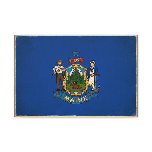 Maine State Flag Canvas Wall Art - Dirigo Vintage Blue Flag Print, Rustic Patriotic Decor - Distressed Illustration Style - Living Room Wall Decor, Office Art Accent - Bedroom Home Decoration