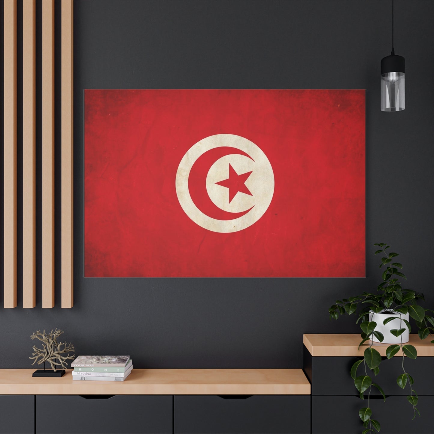 Tunisia Flag Canvas Wall Art - Vintage Red Crescent Star Print, Patriotic Country Decor - Matte Cotton Artwork - Living Room Wall Decor - Bedroom Home Decoration - Bedroom Home Decoration