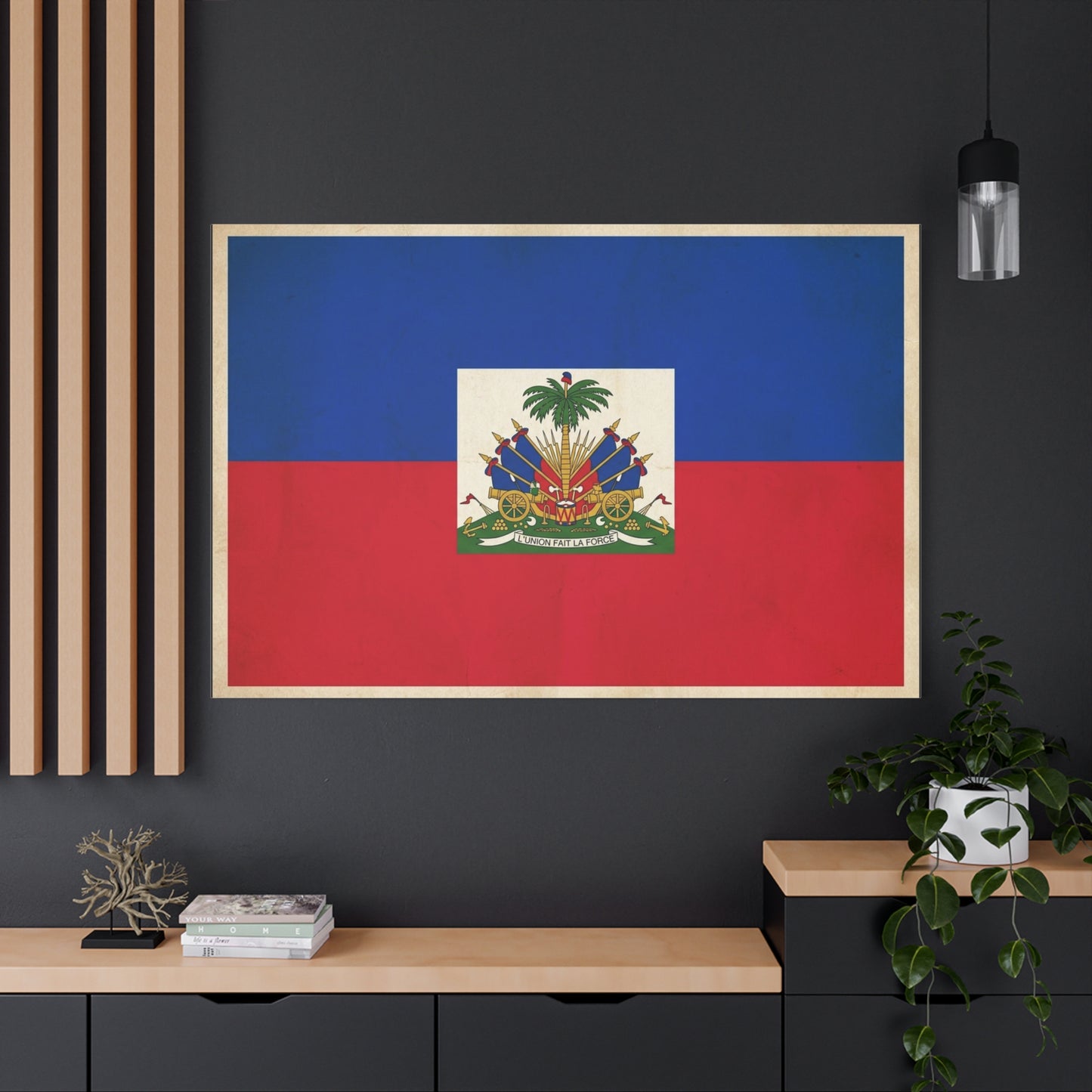 Haiti Flag Canvas Wall Art - Haitian Flag Print With Coat Of Arms, Patriotic Blue Red Banner - Framed Look Matte Canvas - Living Room Wall Decor, Bedroom Home Decoration - Bedroom Home Decoration
