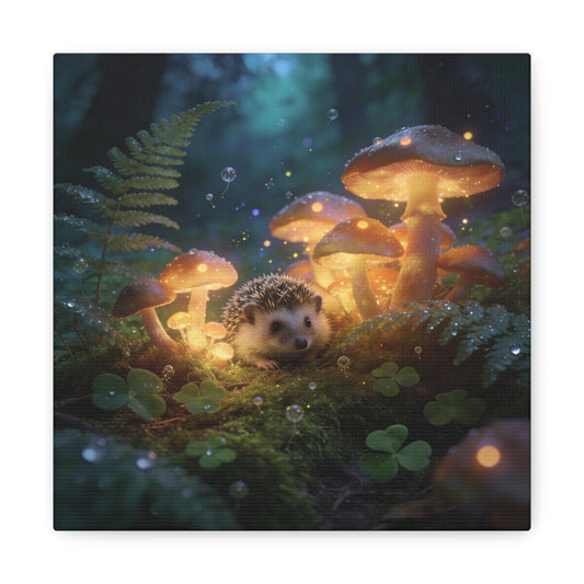 Hedgehog Mushroom Canvas Wall Art - Glowing Forest Fantasy Animal Print - Matte Cotton Art Print, Whimsical Woodland Style - Bedroom Wall Decor, Nursery Home Decoration Accent - Modern Farmhouse Style