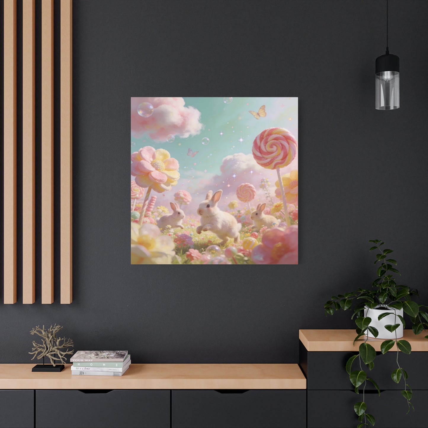 Bunny Candyland Canvas Wall Art - Pastel Rabbit Meadow, Lollipop Flowers, Dreamy Nursery Wall Decor - Whimsical Illustration - Bedroom Home Decoration, Kids Room Accent - Bedroom Home Decoration