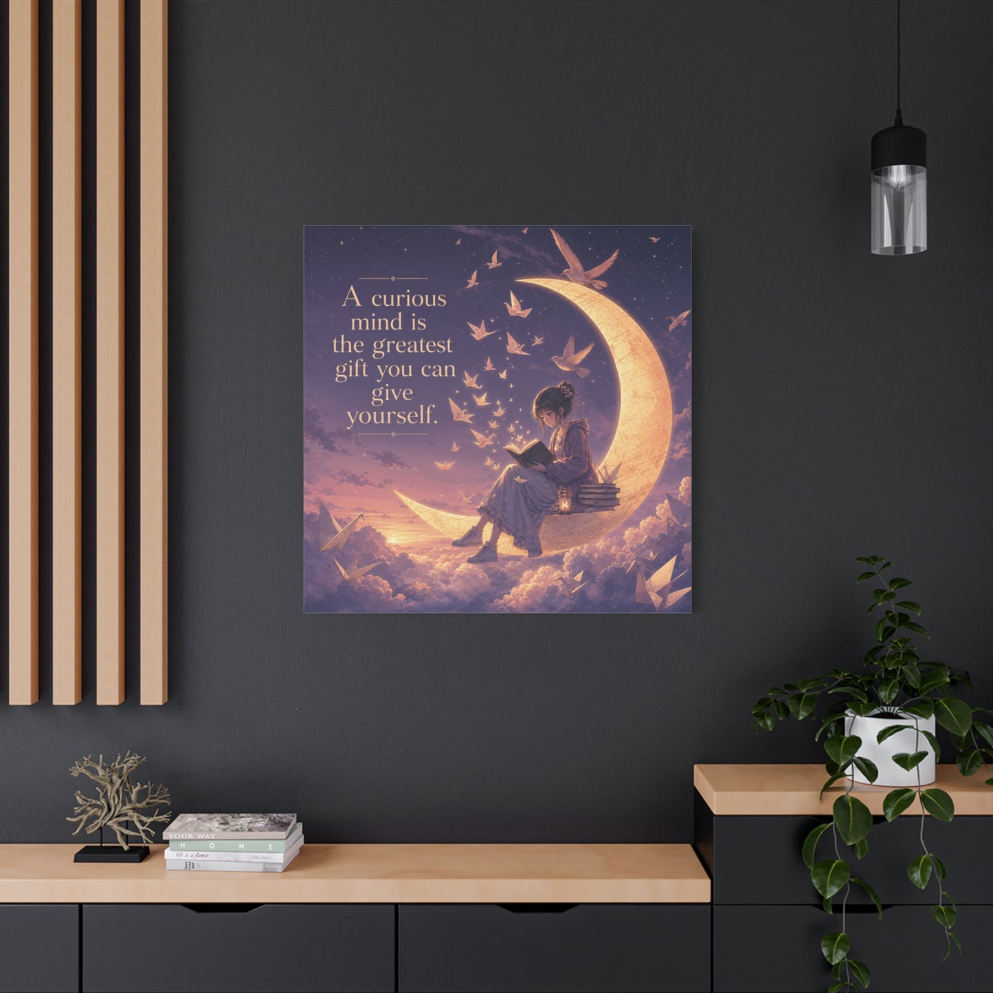 "A Curious Mind Is The Greatest You Can Give Yourself" Canvas Wall Art - Moon Reading Girl Quote Print, Dreamy Celestial Illustration - Bedroom Wall Decor, Home Office Accent - Ready to Hang