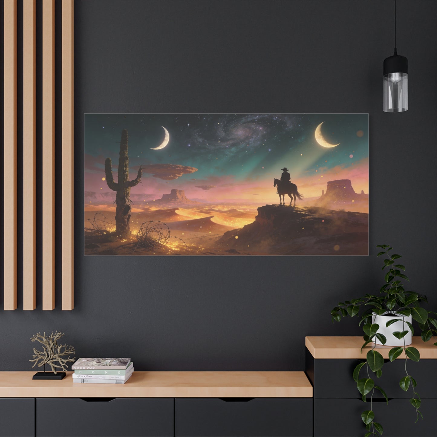 Surreal Desert Cowboy Canvas Wall Art - Crescent Moons, Galaxy Sky, Saguaro Silhouette - Matte Cotton Art Print - Contemporary Western Style, Living Room Wall Decor, Office Accent - Ready to Hang