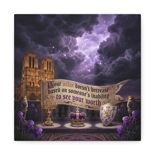 "Your Value Doesn't Decrease Based On Someone's Inability To See Your Worth" Canvas Wall Art - Gothic Cathedral, Purple Sky, Crown And Lions - Inspirational Home Decor - Living Room Bedroom