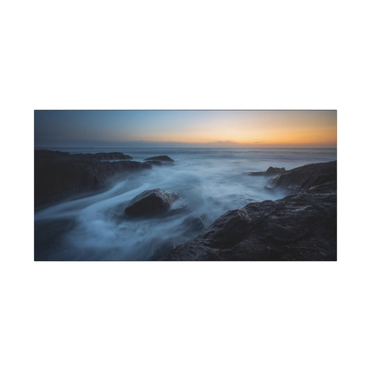 Rocky Ocean Seascape Canvas Wall Art - Long Exposure Coastal Sunset Art Print, Blue Water And Dark Stone Shoreline - Contemporary Matte Canvas Print - Living Room Bedroom Office Decor