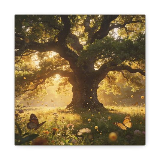 Sunlit Oak Tree Canvas Wall Art - Golden Meadow Butterflies, Nature Landscape Print - Matte Cotton Art Print, Traditional Style - Living Room Wall Decor, Bedroom Home Decoration - Ready to Hang